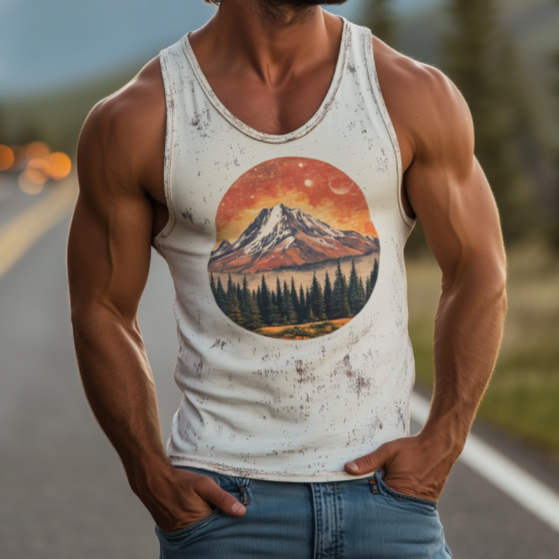 Men's American Retro Casual Yellowstone Park Series Printed Cotton Tank Top 91700452K