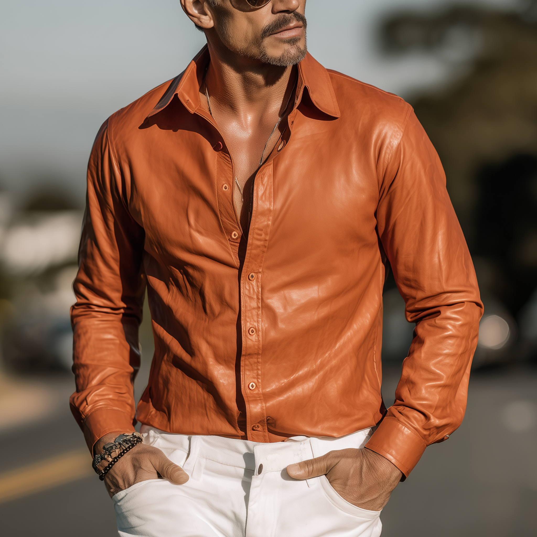 Men's Classic Casual Solid Color PU Leather Slim Long Sleeve Shirt MTA1502H7K
