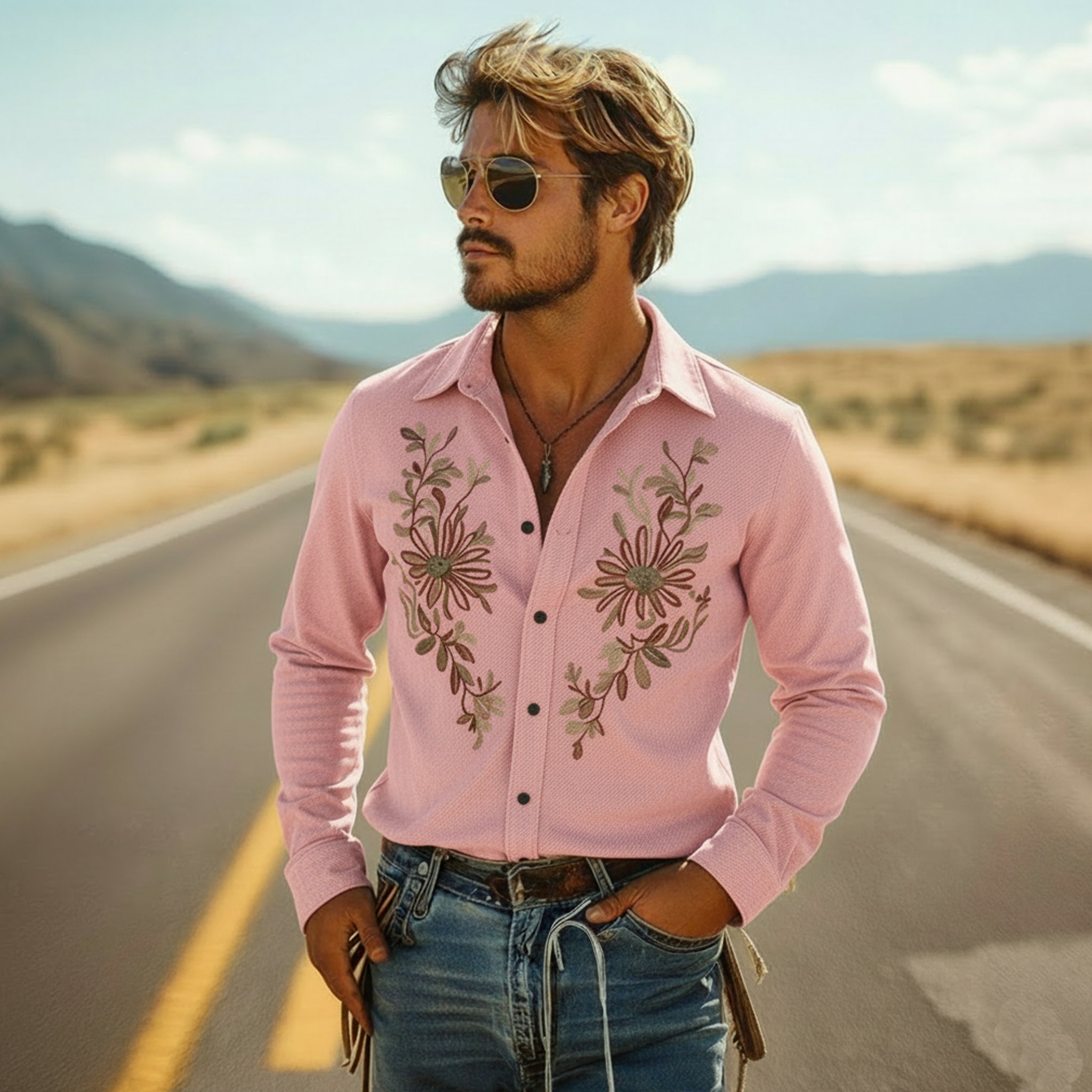 Men's Classic Casual Twill Cotton Embroidered Long-sleeved Shirt MTZ0942A8K