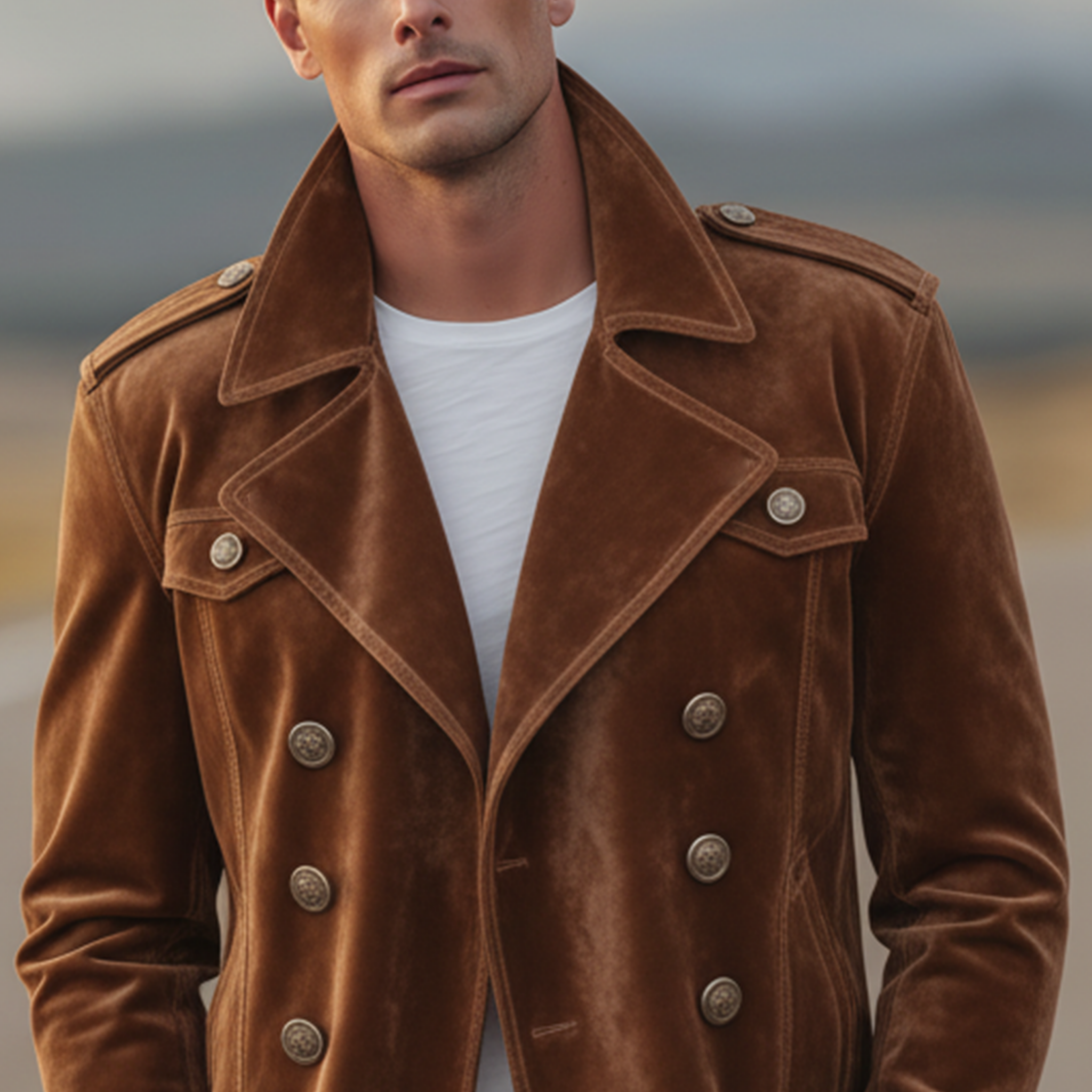 Men's Classic Retro Western Style Double-breasted Faux Velvet Lapel Jacket MTA1435K3K