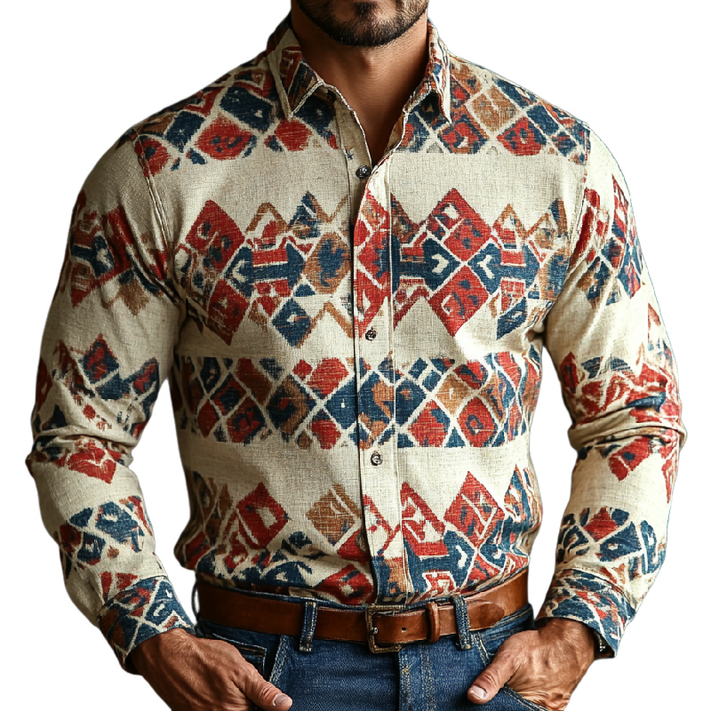 Men's Versatile Lapel Printed Cotton and Linen Long-sleeved Shirt 46159431F