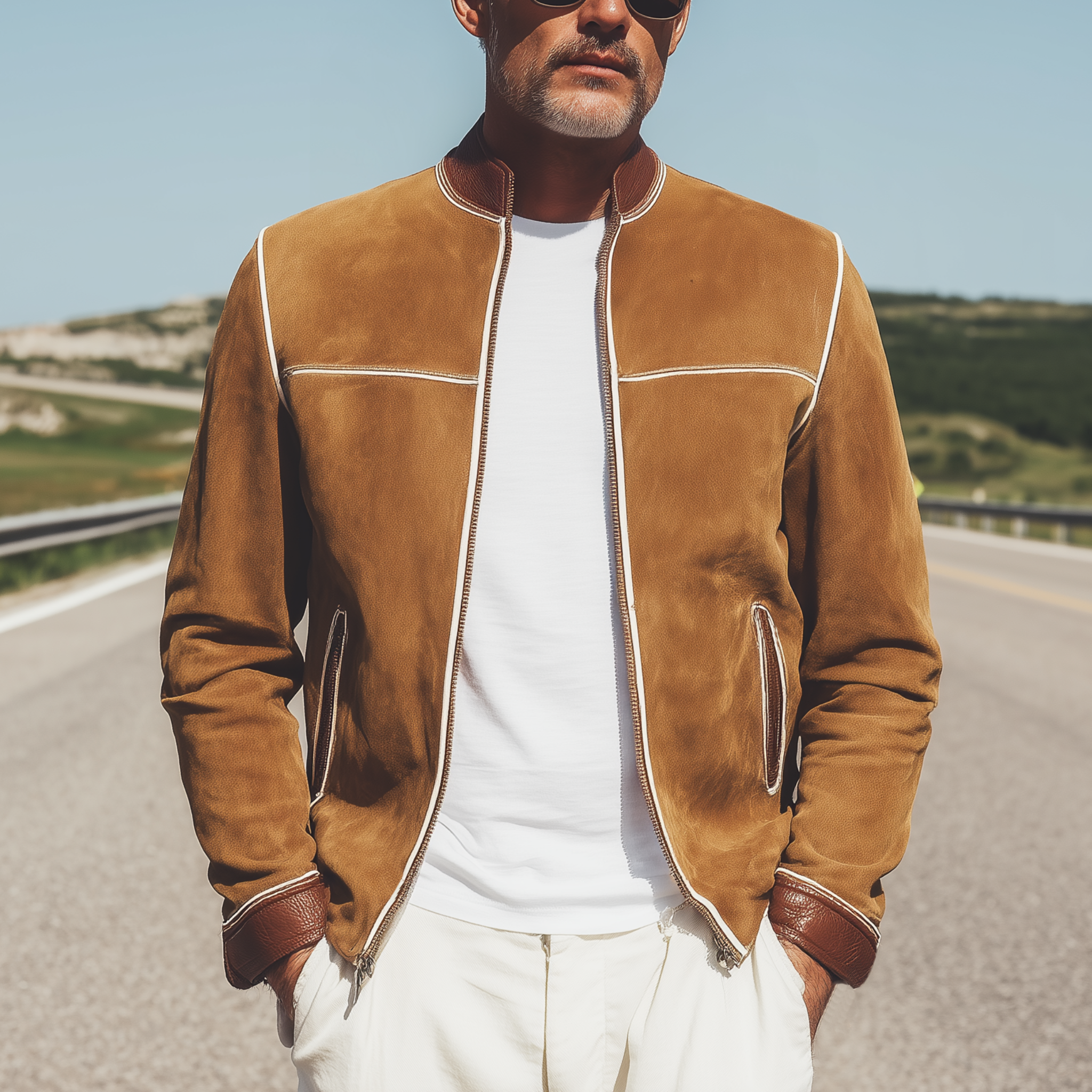 Men's Classic Casual Western Style Stand-up Collar And Cuffs PU Leather Zipper Suede Jacket MTA1566H1K