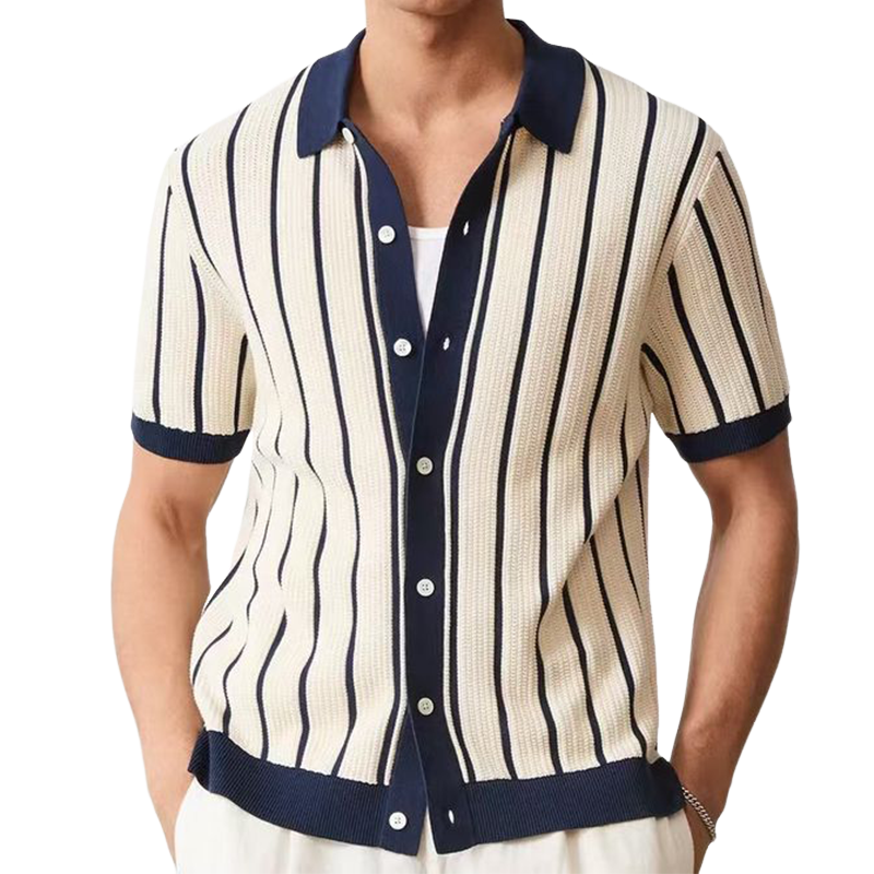 Men's Summer Fashion Casual Vertical Striped Knitted Short-sleeved Shirt MTA2382F9K