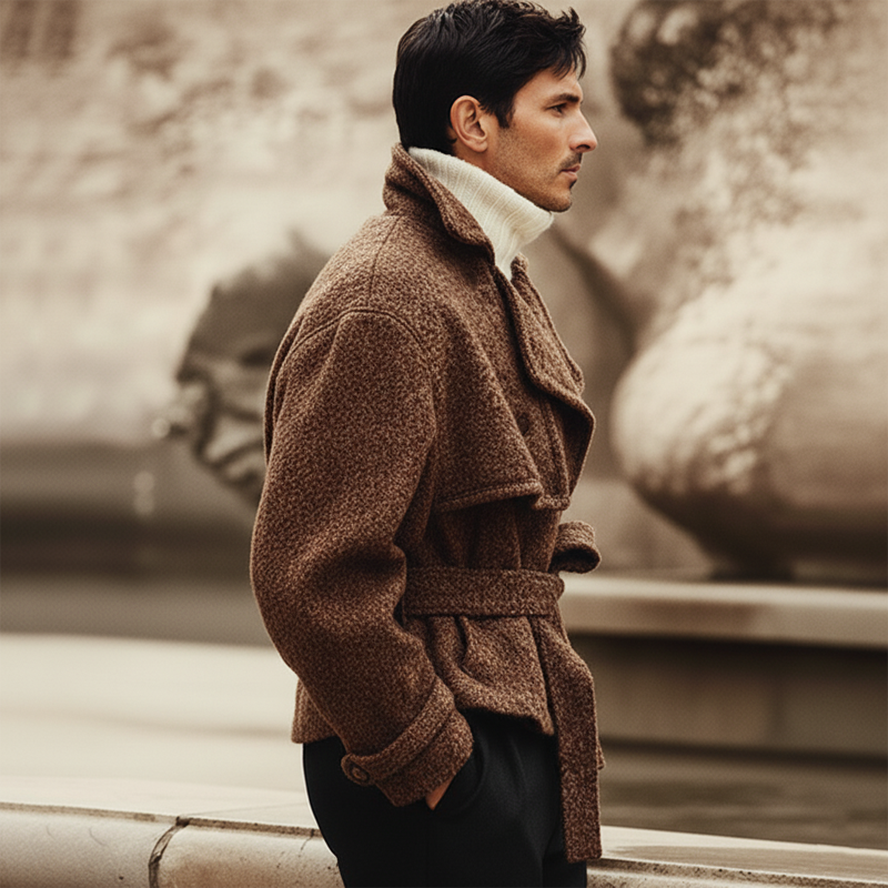 Men's Classic Vintage Tweed Notched Lapel Belted Jacket MTA2634K0U