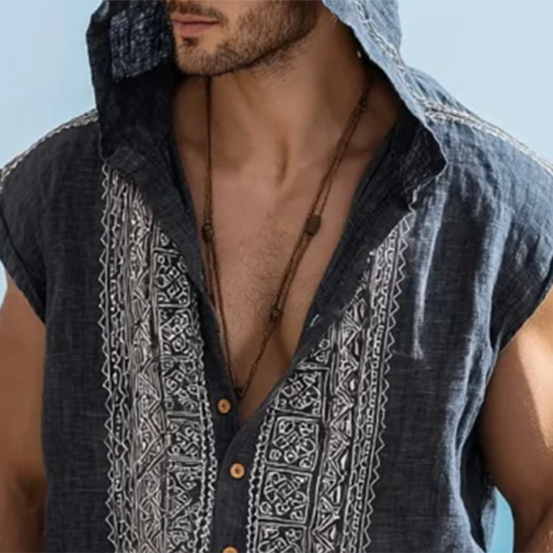 Men's Embroidered Single Breasted Hooded Sleeveless Shirt MTA0481G5Y