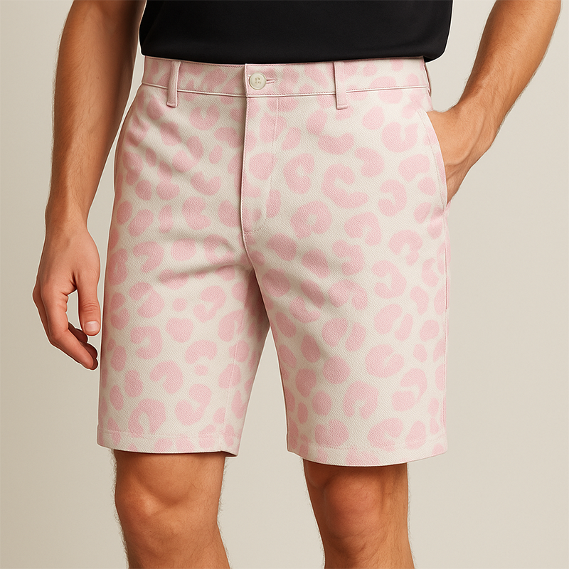 Men's Spring And Summer Fashion Casual Pink Denim Leopard Shorts MTA1369E4K