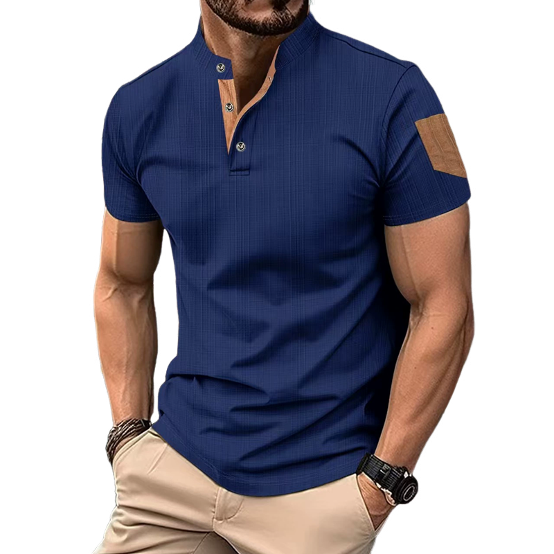 Men's Textured Colorblock Henley Collar Short Sleeve T-shirt 62398359Z