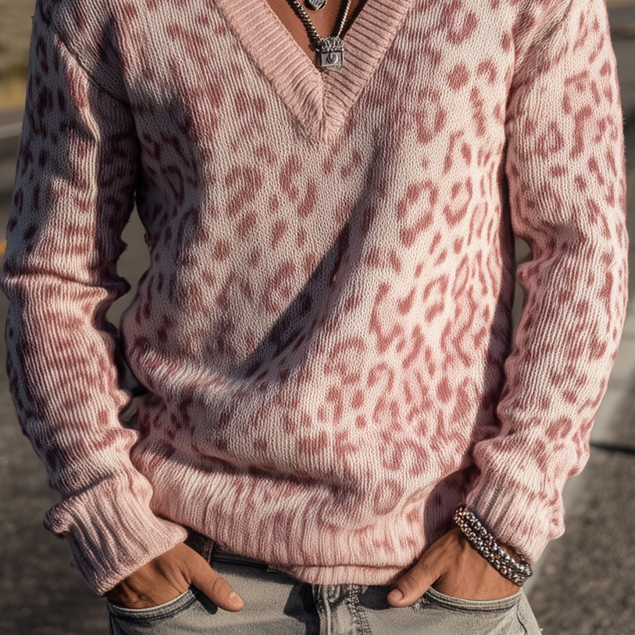 Men's Classic Vintage Leopard Print V-neck Sweater MTA0800H0K