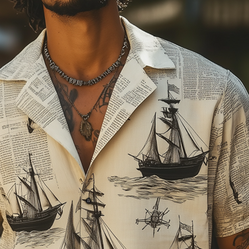 Men's Retro Casual Sailing Ship Print Lapel Short Sleeve Shirt 24346156TO