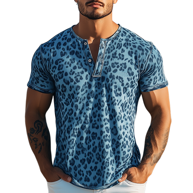 Men's Spring And Summer Fashion Casual Western Cowboy Style Cotton Blended Printed Leopard Henley Collar Short Sleeve T-Shirt MTA1392E3K