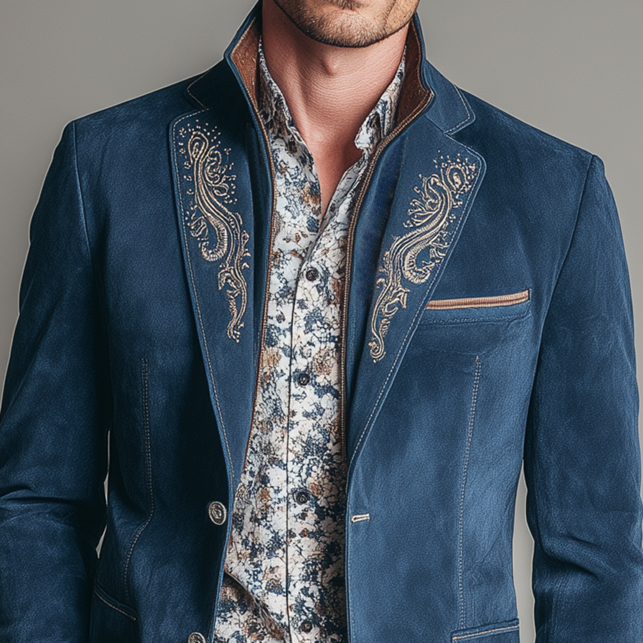 Men's Classic American Retro Embroidered Suede Patchwork Stand Collar Jacket Style Blazer MTA1851H0K