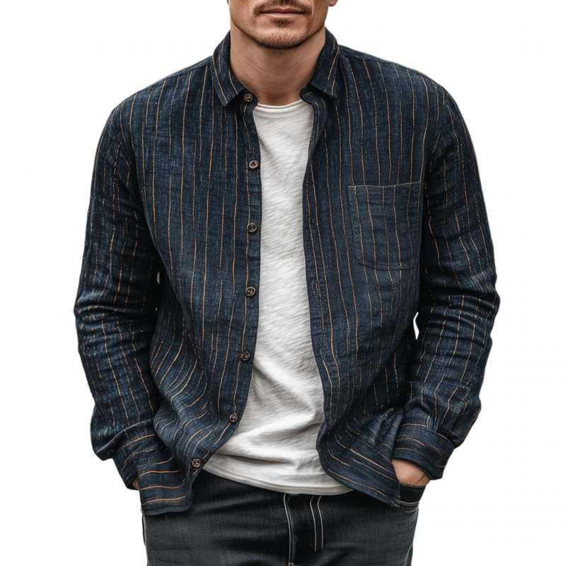 Men's Casual Breathable Linen Striped Lapel Patch Pocket Slim Fit Long Sleeve Shirt MTA1852G4M