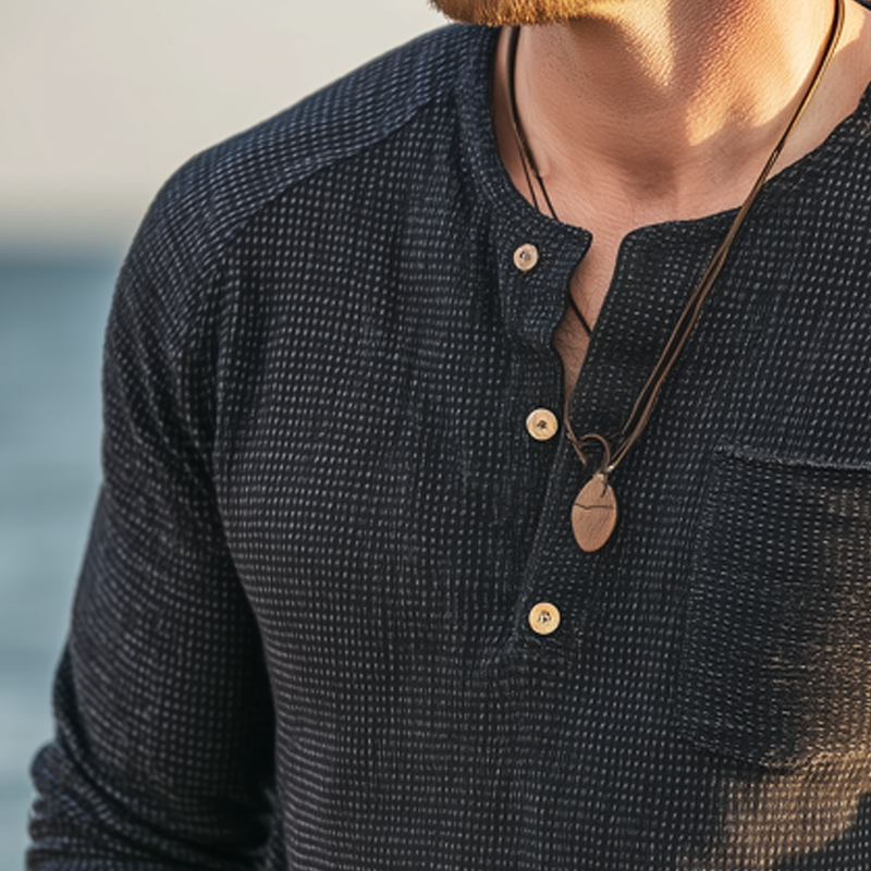 Men's Classic Three-Button Henley Collar Long Sleeve T-Shirt MTA0290H0U