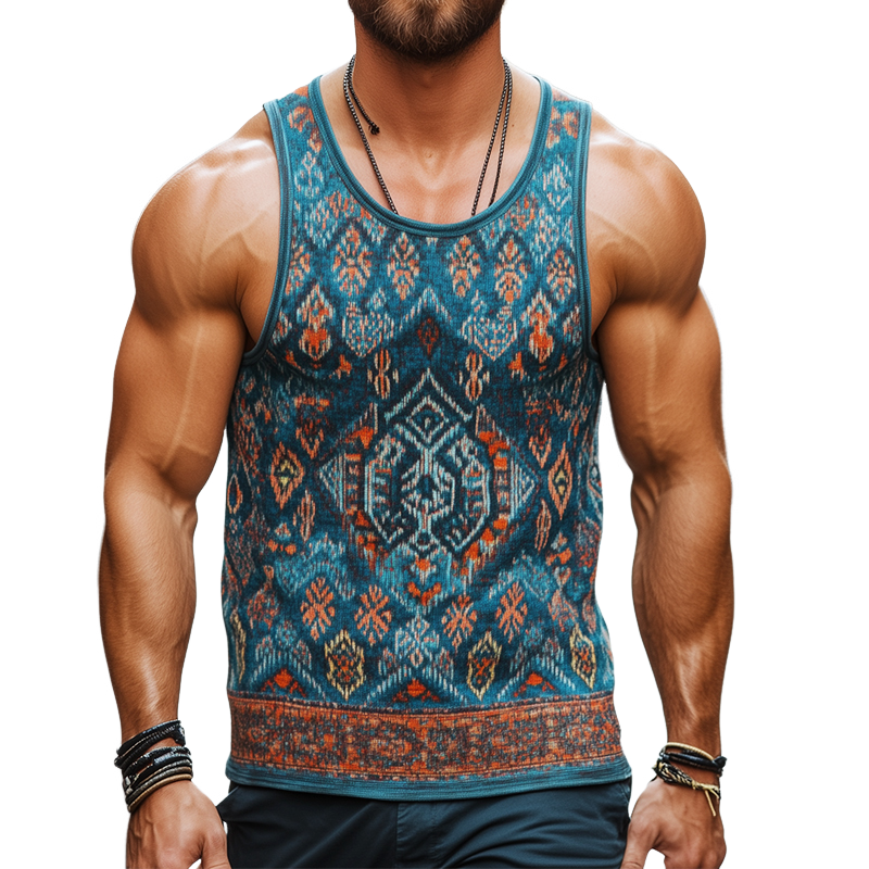 Men's Retro Casual Ethnic Style Geometric Print Round Neck Tank Top 94330869TO