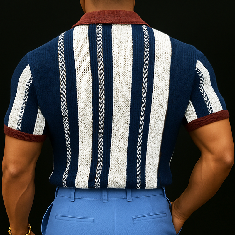 Men's Summer Classic Vertical Striped Color Block Knitted Short-sleeved Shirt MTA2758F5U