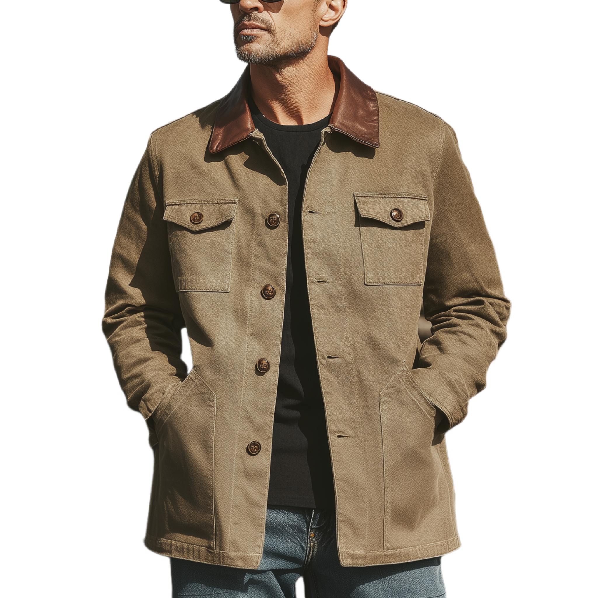 Men's Classic Casual PU Leather Collar Multi-pocket Cotton Blend Jacket MTA2091L0K