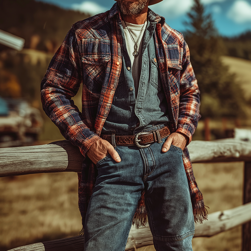 Men's Retro Casual Plaid Print Lapel Long-Sleeve Tassel Shirt MTA1104K5TO