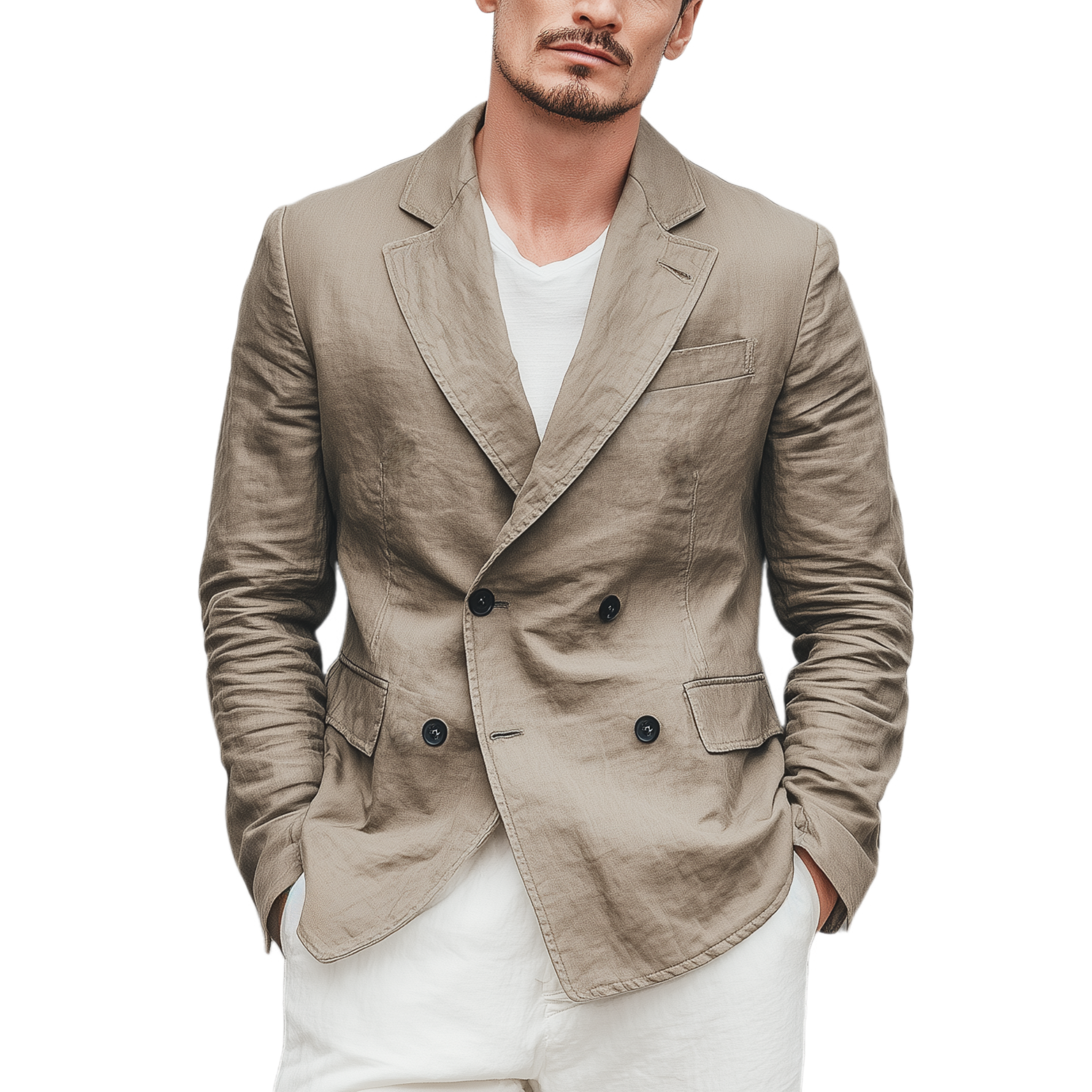 Men's Classic Casual Cotton And Linen Blend Solid Color Double Breasted Blazer MTA2533G2K