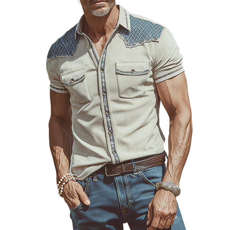 Men's Spring And Summer Fashion Casual Suede Splicing Ribbon Slim Short Sleeve Shirt MTA2132F0K