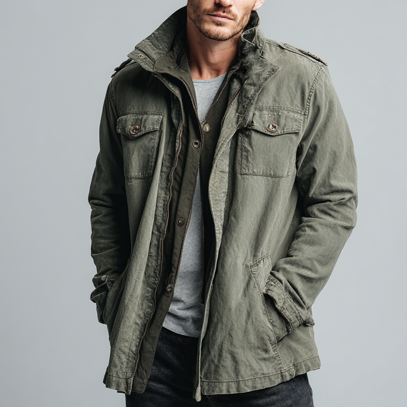 Men's Vintage Washed Denim Stand Collar Mid-length Coat MTA0549H7X