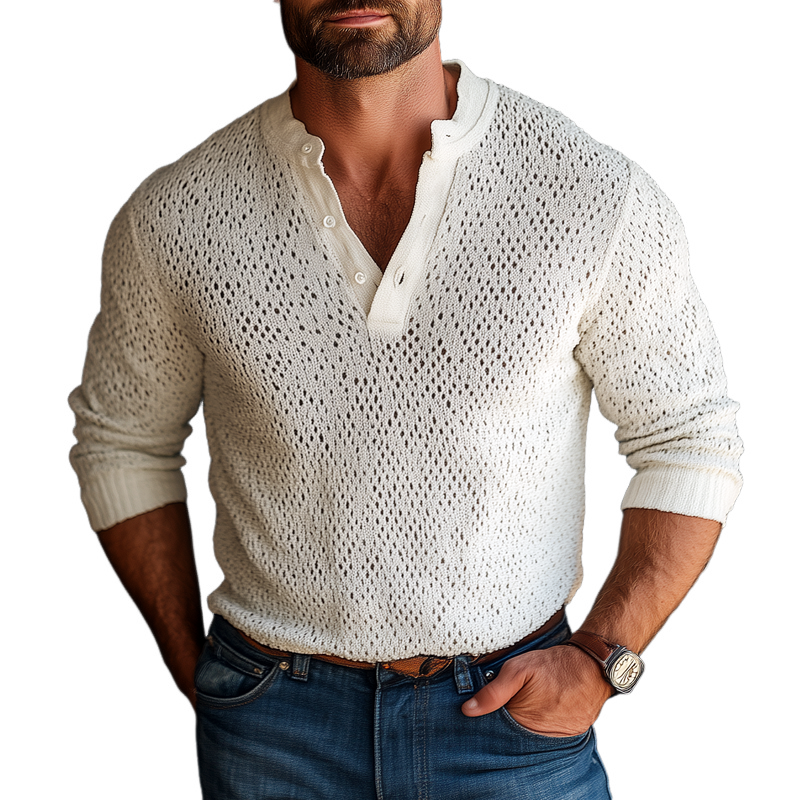 Men's Fashion Solid Holes Knit Henley Collar Long Sleeve Sweater 27704757Z