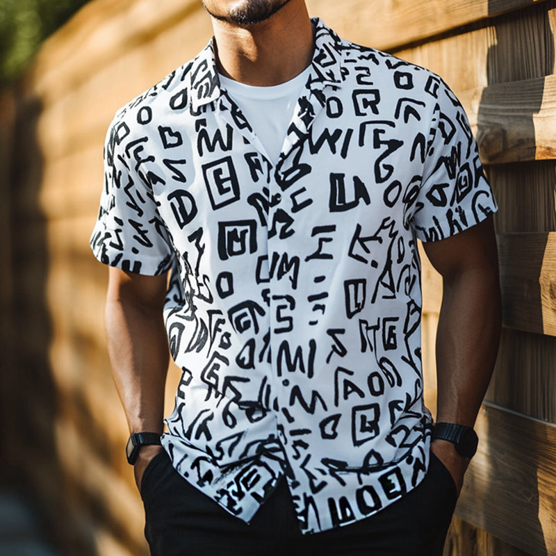 Men'S Retro Casual Letter Print Lapel Short Sleeve Shirt MTA0994E5TO