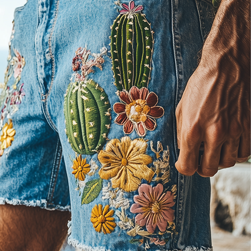 Men's Summer Fashion Italian Sicily Style Washed Denim Embroidered Trousers Hem Casual Shorts MTA1011F8K