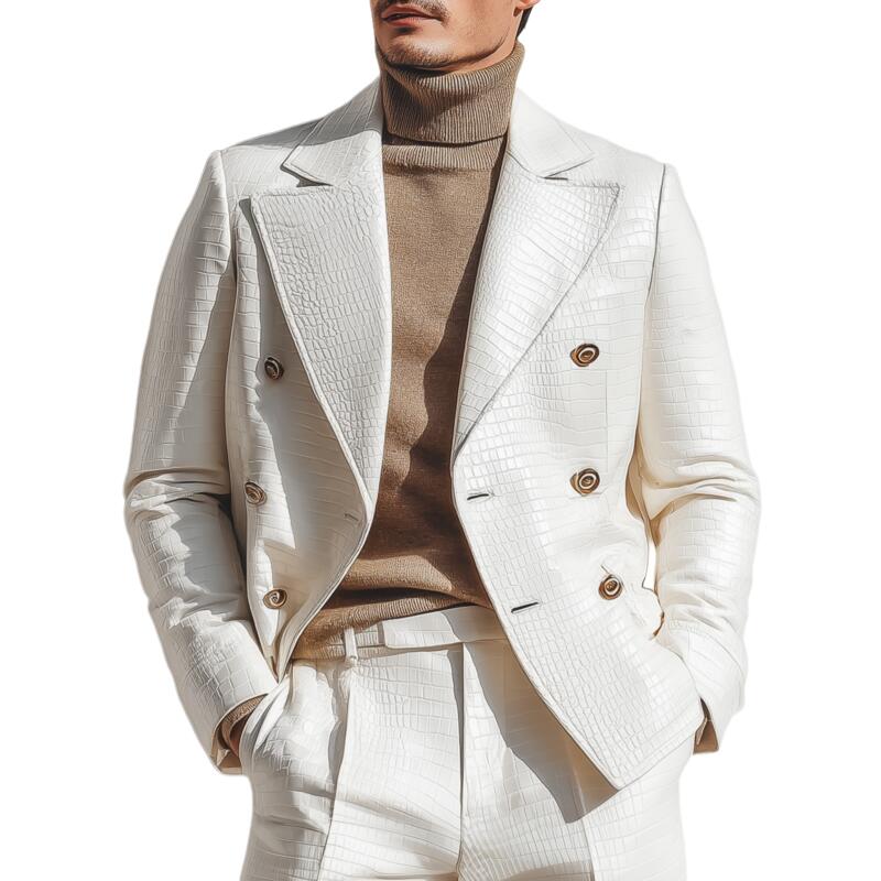 Men's Vintage Crocodile Pattern Faux Leather Notched Lapel Double Breasted Slim Fit Blazer MTA2182H5M