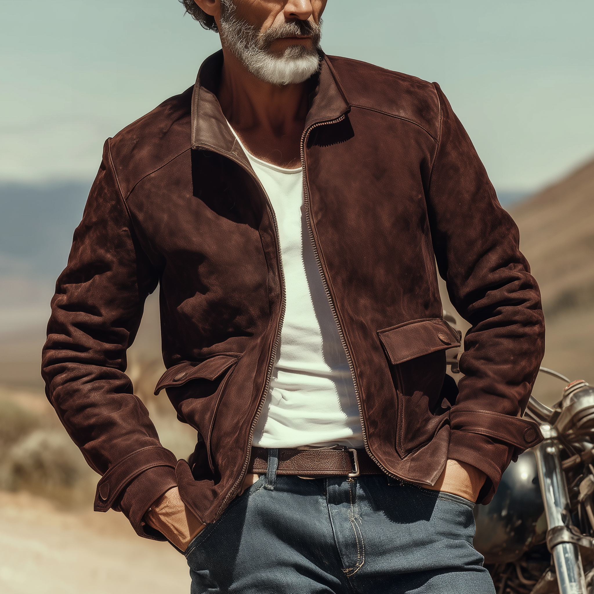 Men's Classic Western Retro Tough Style Stand Collar Suede Jacket MTA0516I1K