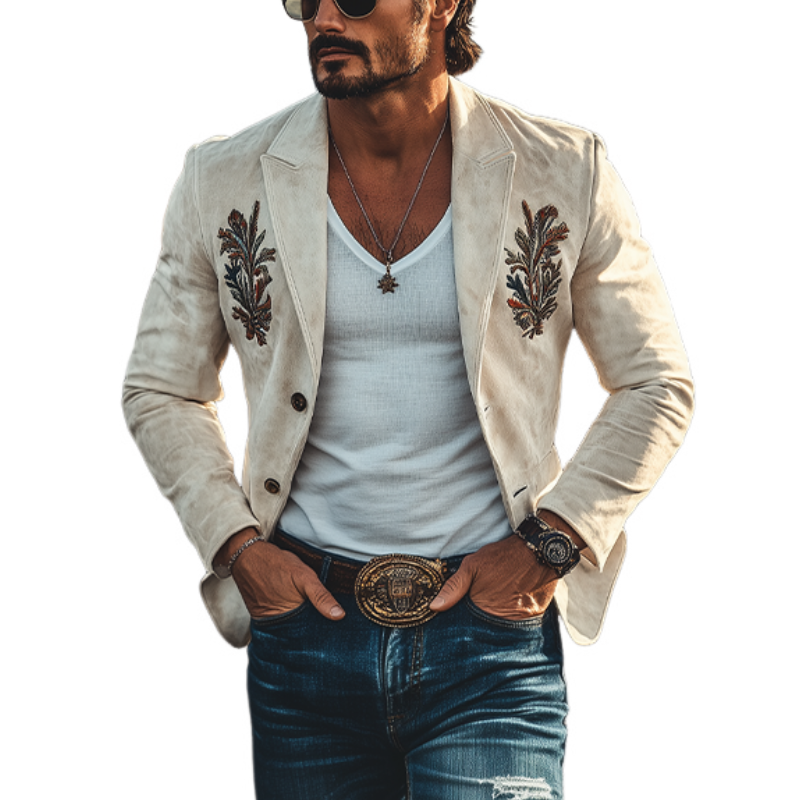 Men's Fashion Spring and Summer American Western Style Suede Embroidered Blazer 06689799K