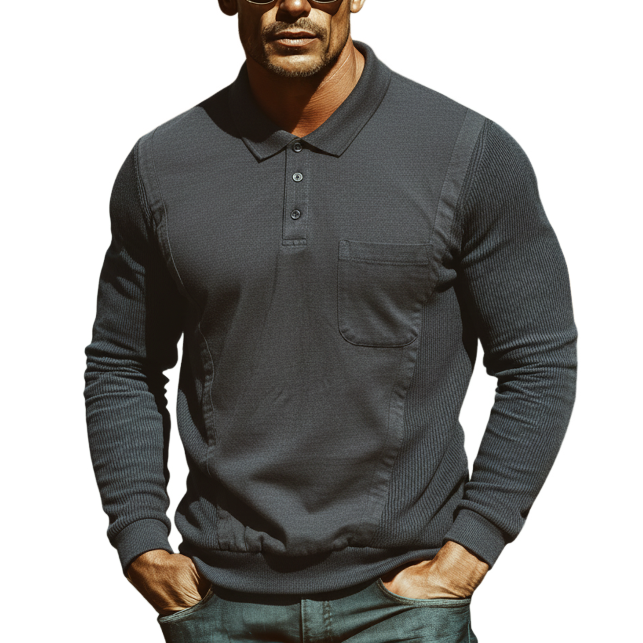 Men's Classic Casual Western-style Tough Guy Look Cotton Blend Long-sleeved Polo Shirt MTA1190L0K