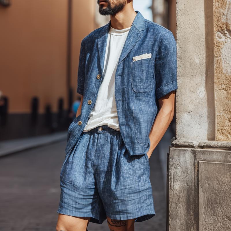 Men's Casual Cotton Linen Notch Lapel Single-breasted Short-sleeved Shirt And Shorts Set (T-shirts Excluded) MTA1850F3M
