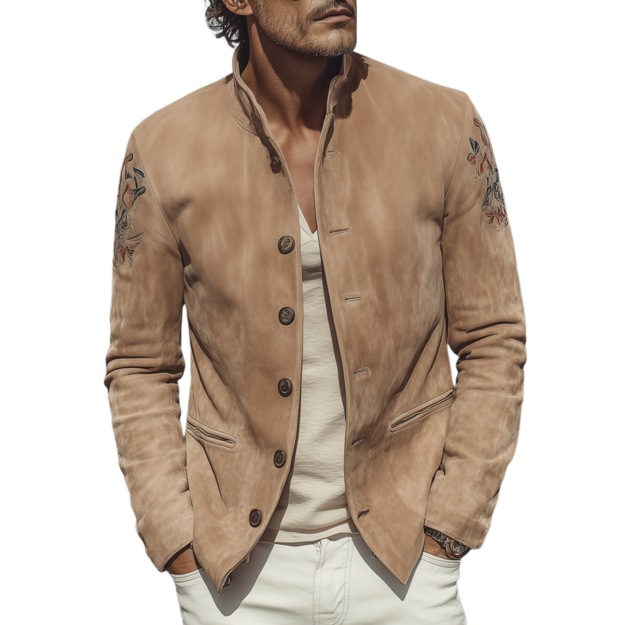 Men's Classic Retro Western Style Stand Collar Embroidered Suede Jacket MTA2127H9K