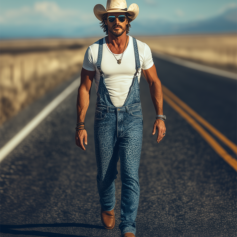 Men's Spring And Summer Fashion Personality Retro Western Cowboy Style Washed Denim Leopard Print Overalls MTA1335E2K