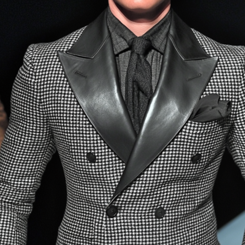Men's Retro Casual PU Leather Houndstooth Double-Breasted Blazer MTA0368I1TO