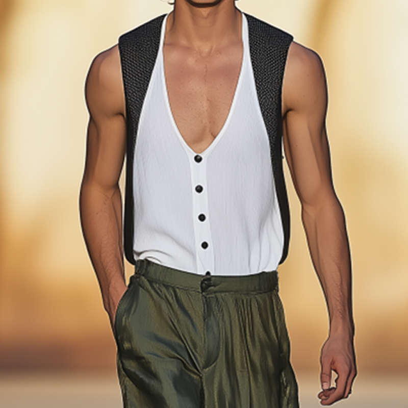 Men's Summer Fashion Casual Mesh Fabric Splicing Cotton Blended Decorative False Placket Deep V-neck Tank Top MTA2397F6K