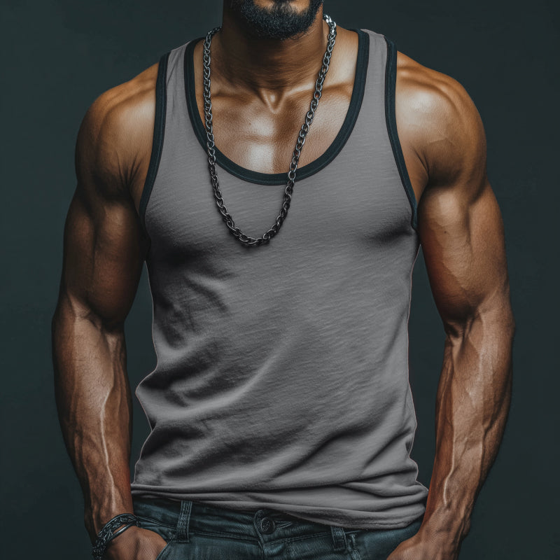 Men's Casual Breathable Skin-friendly Colorblock Cotton U-neck Slim Fit Tank Top MTA0798G1M