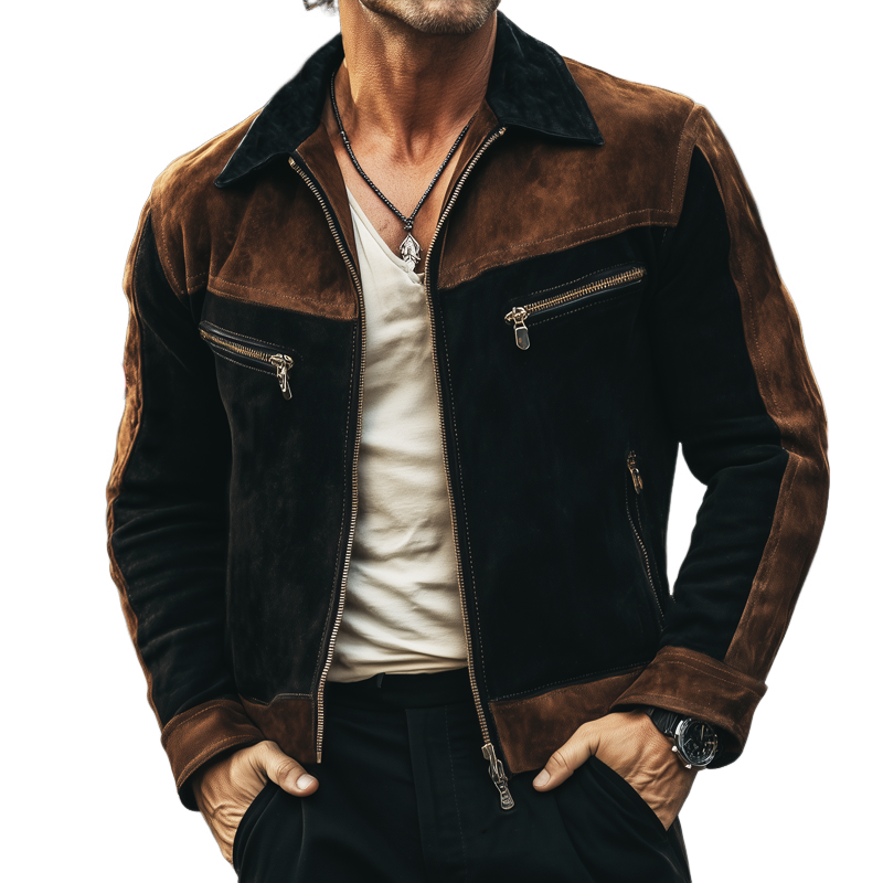 Men's Spring And Autumn Retro Colorblock Suede Zipper Jacket MTA2560H9U