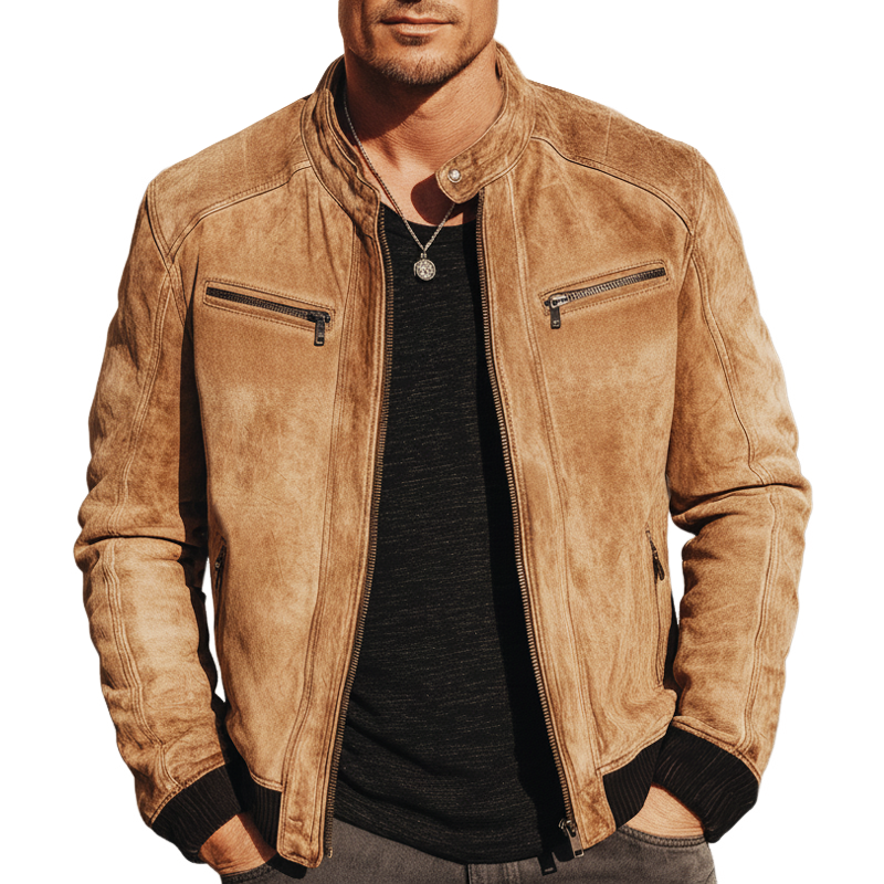 Men's Classic Urban Snap-button Collar Zippered Faux Suede Jacket MTZ0416A7U