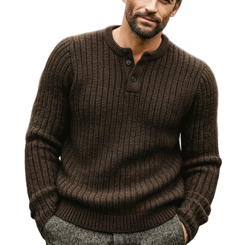 Men's Vintage Brown Three-button Henley Neck Striped Knitted Sweater MTA0844L1U