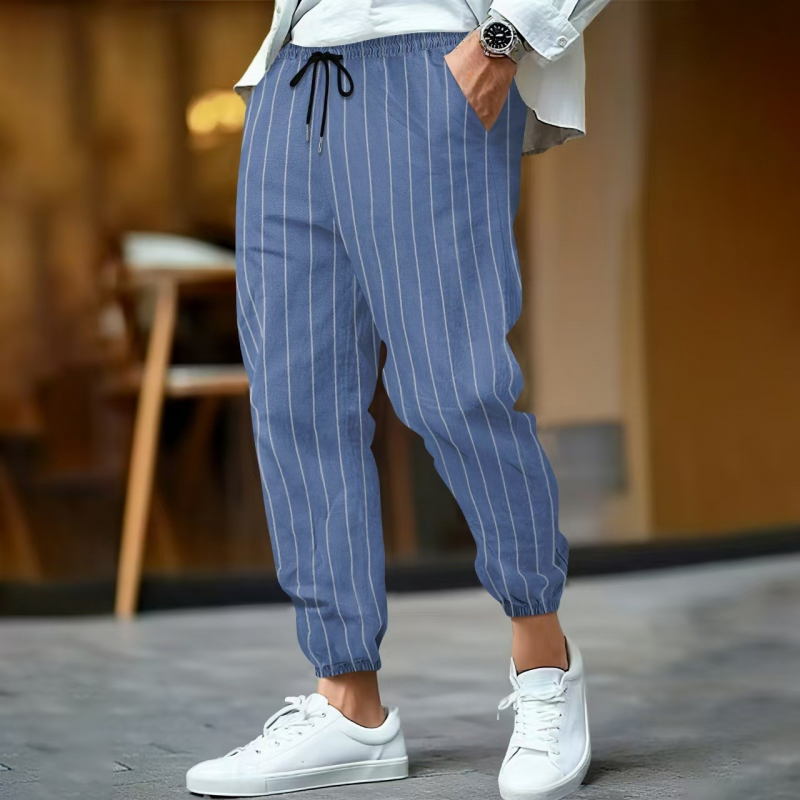 Men's Casual Breathable Cotton Linen Striped Elastic Waist Loose Cuff Pants MTA0758G3M