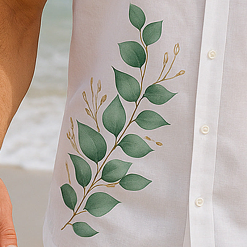 Men's Summer Cool Breathable Leaf Printed Linen Short Sleeve Shirt MTA2705E8P