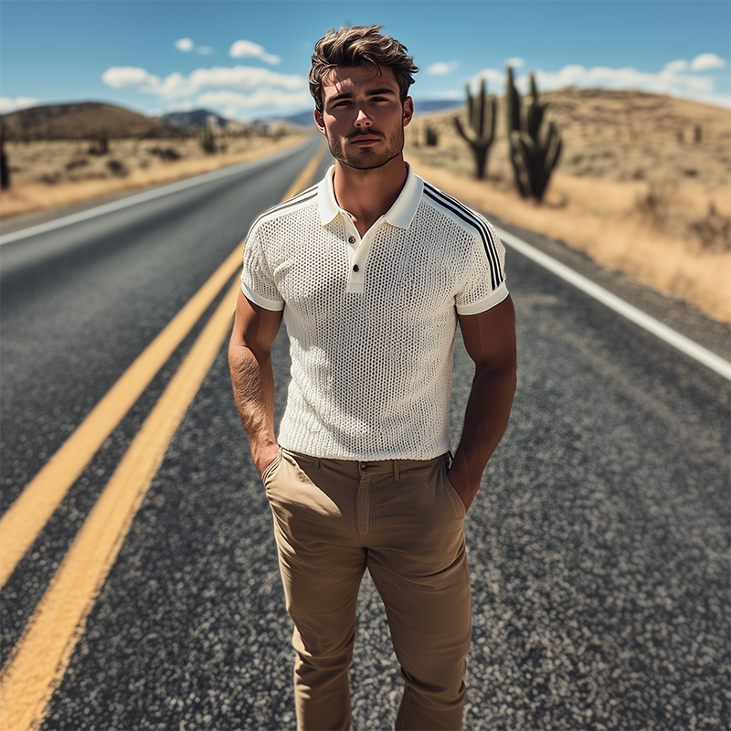Men's Spring And Summer Fashion Casual Knitted Patchwork Striped Short-sleeved Polo Shirt MTA3083F4K