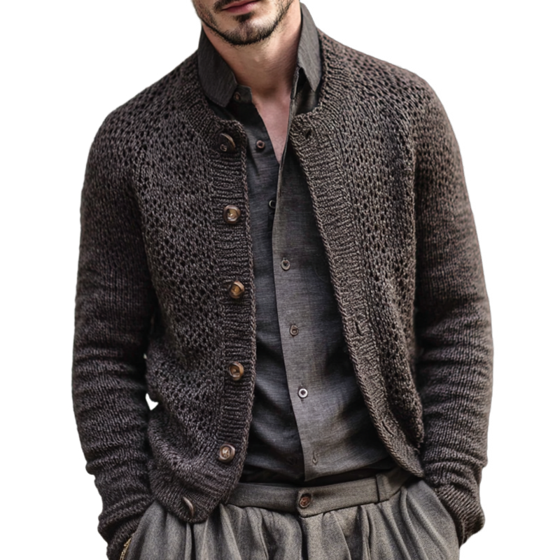 Men's Fashion Openwork Round Neck Single Breasted Knit Cardigan MTA2079H4Z