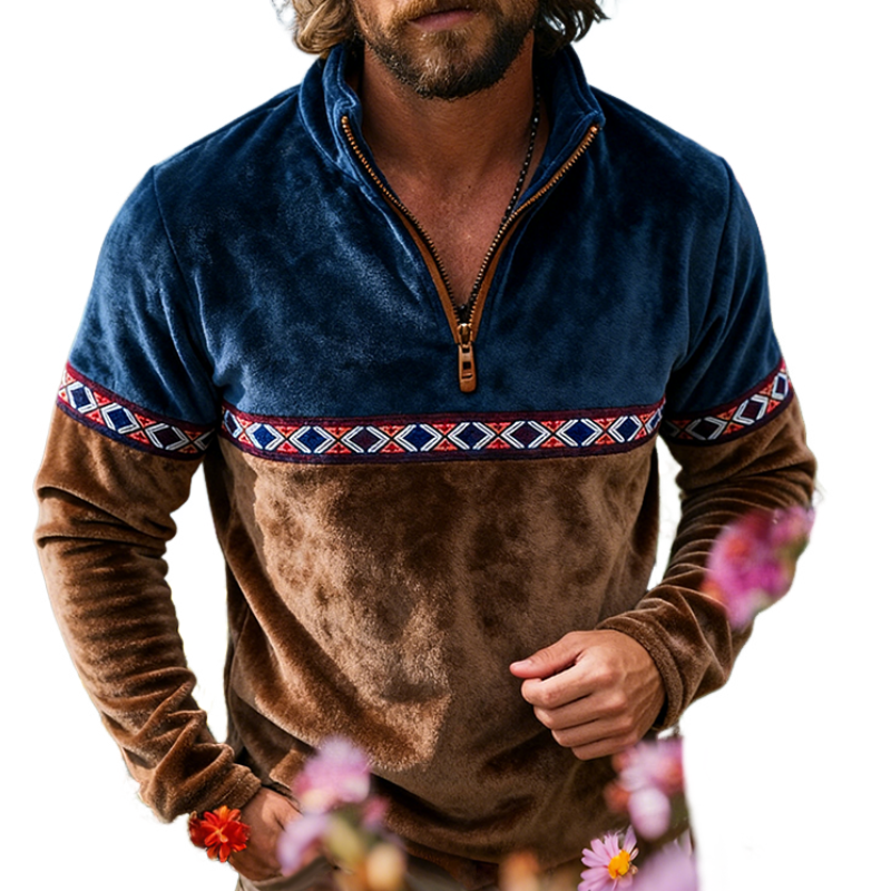 Men's Retro Casual Velvet Stitching Zipper Stand Collar Sweatshirt MTA1569J8TO