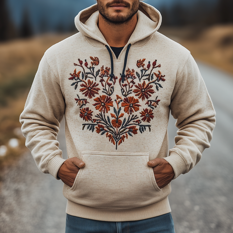 Men's Vintage Casual Floral Embroidered Hoodie MTA2350G8TO