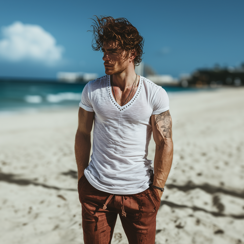 Men's Fashion Rivet V Neck Short Sleeve T-shirt MTA1711G7Z