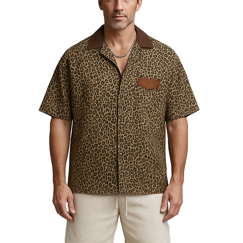Men's Summer Fashion Leopard Print Cotton Blend Short Sleeve Shirt MTA0706G0P