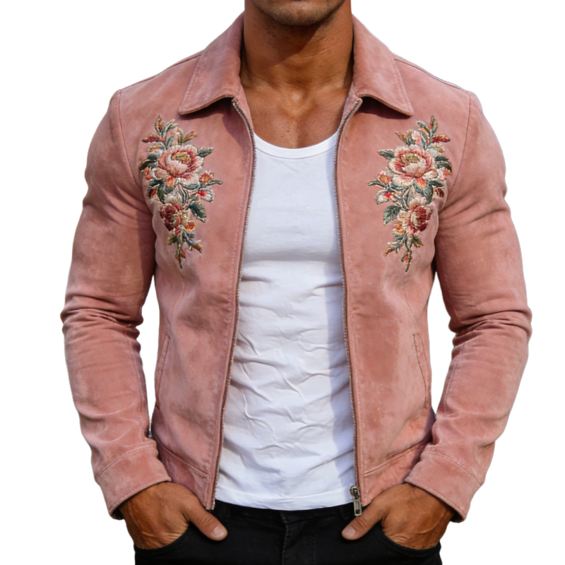 Men's Retro Casual Faux Suede Embroidered Lapel Zipper Jacket MTZ1280A1TO