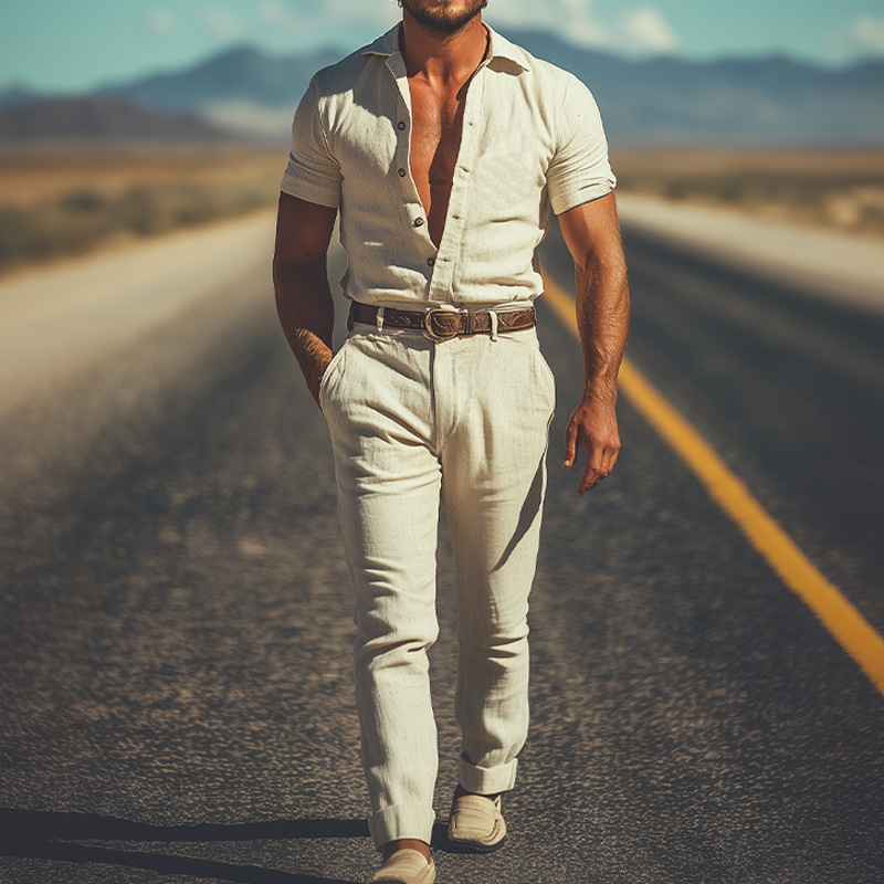 Men's Summer Fashion Retro Western Style Cotton and Linen Jumpsuit (Without Belt) MTA2974D3K